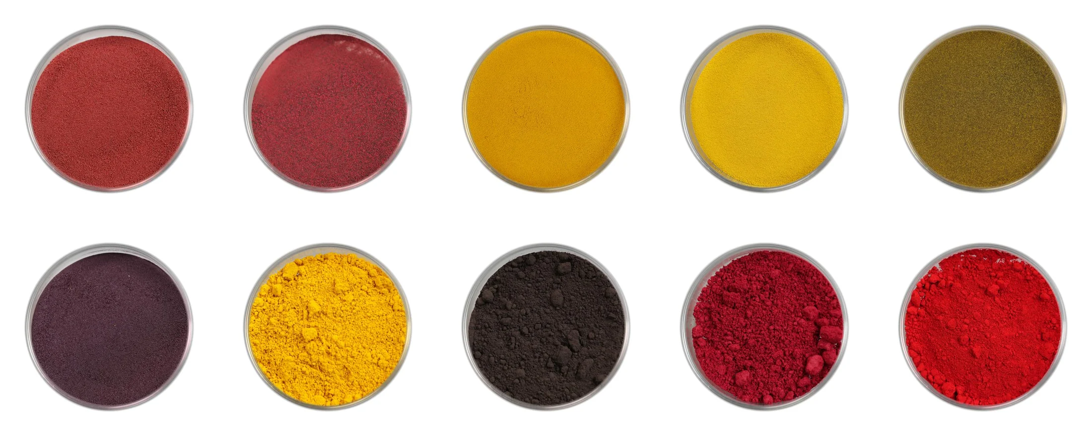Ten real DNS fluorescent dye and solvent dye powder samples in glass dishes